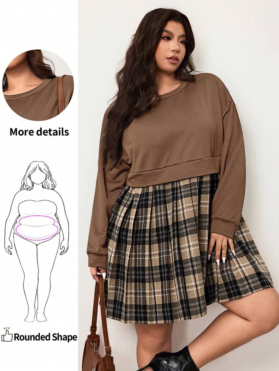 Enliva Vestido sudadera de manga larga con parches a cuadros para mujer talla grande, adecuado para otoño/invierno, para silueta de manzana y redondeada - Marrón - Ver 1