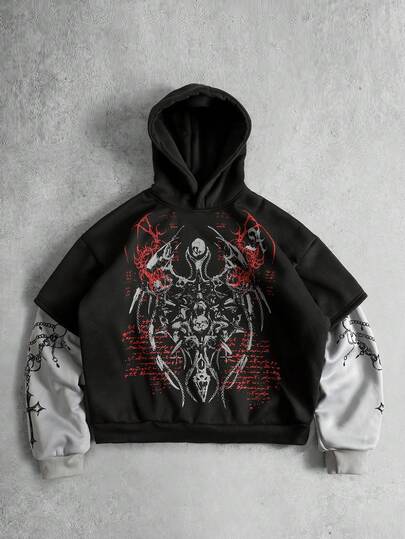 Felpa con cappuccio casual e alla moda da uomo, con stampa di slogan e catena trasversale, foderata termicamente, adatta per l'autunno/inverno