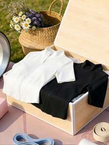 Comfortcana 2件套女士休闲简约黑白针织拉链七分袖T恤，春夏款，适合跑步、瑜伽、嘉年华等夏季轻薄穿着 - 彩色 - 查看 6