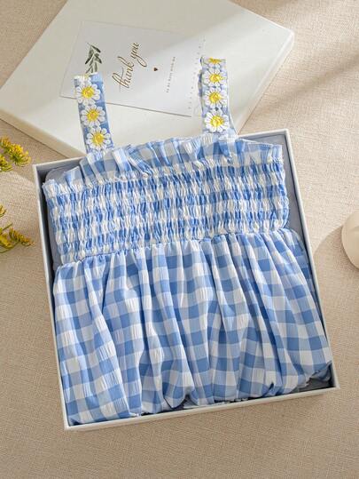 Souflis Souflis French New Style Baby Girl Dress, Cute Resort Style Blue Plaid Floral Embroidery Cami Dress Design, Suitable For Spring/Summer Outings, Parties, Photoshoots, School, 0-3Y