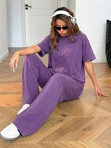 SHEIN EZwear 针织休闲圆领短袖直筒裤做旧水洗宽松套装 - 紫色 - 查看 4