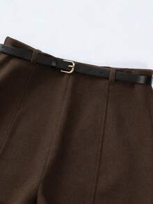 Franclia 女士纯色腰带优雅时尚短裤 - 咖啡棕 - 查看 4