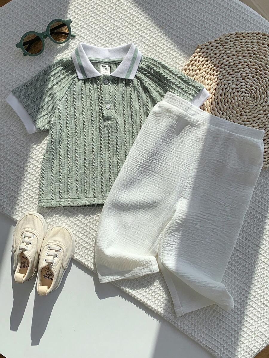 SHEIN 2pcs Baby Boy Summer Casual Denim And White Family Matching Green Polo Collar Short Sleeve Top And Elastic Waist Pants Set For Birthday Party Wedding - Multicolor - View 1