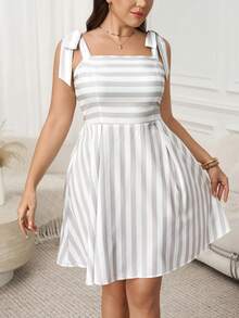 SHEIN LUNE 大码女式条纹打结露肩休闲吊带裙 - 卡其色 - 查看 2