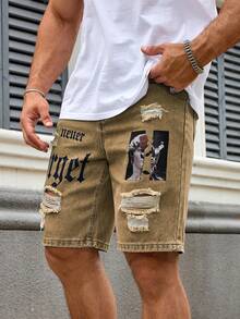 Manfinity Roughcore Quần short denim nam in chữ, có túi, kiểu dáng casual, quần short denim rách, quần short denim phong cách đường phố, quần short denim nam đã giặt, quần short jeans nam, quần short denim in họa tiết nam. - Màu Khaki - Xem 4