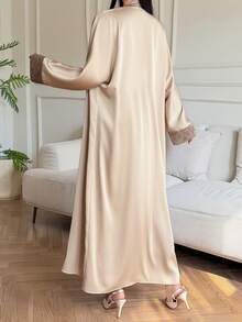 DAZY Women's Contrast Color Long Sleeve Robe And V-Neck Short Sleeve Tie Waist Dress Elegant 2-Piece Set - Gold - View 2