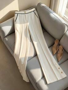 Elenzga Women's Elegant Minimalist Solid Color Button Decor Versatile Pants, Suitable For Autumn/Winter - Apricot - View 1