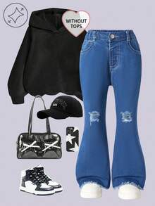 SHEIN Explorewe Quần jean denim ống loe ôm sát, rách nhẹ, màu xanh nhạt bạc màu, phong cách Y2K dành cho nữ. - Rửa tối - Xem 6