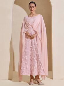 Graceveil Đầm dạ hội thanh lịch dành cho nữ, thắt eo, trang trí hoa 3D, thiết kế phối lưới, phù hợp cho các dịp lễ hội Ả Rập. - Hồng - Xem 3