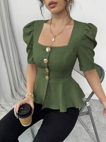 Elenzga 女士夏季衬衫，方领，短袖，金属纽扣装饰，破洞拼接下摆设计，收腰，梭织面料，优雅百搭的日常时尚单品 - 軍綠色 - 查看 4
