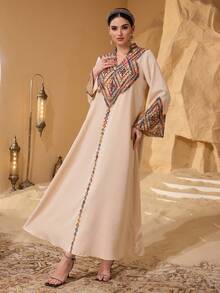 Layrah Women's Spring/Summer New Elegant Luxurious Dignified Turkish & Arabic Traditional Long Dress, Featuring Elaborate Embroidery, Beading, Lace Trim, V-Neck, Woven Waist Tie - Champagne - View 4