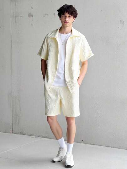 Set de 2 camisas casuales con textura geométrica de tela cómoda para adolescentes varones, adecuado para uso diario y vacaciones