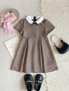 PrepCrw Abito da college a vita alta con motivo pied-de-poule, stile autunnale/invernale per ragazze giovani, con colletto a contrasto di colore - Caffè - Visualizzare 1