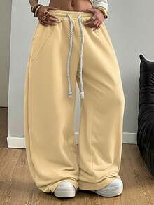 SHEIN Tall CURVE 大码女式街头风外出休闲裤，大码弹力腰带舒适筒状裤腿 - 杏色 - 查看 7