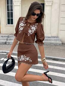Serisse Women Floral Embroidery Contrast Trim Tie Front Top And Mini Skirt Set - Brown - View 6