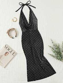 Swim Vcay 2026新款黑色底白色波点网纱泳衣罩衫，深V领露背设计，复古沙滩风 - 黑與白 - 查看 5