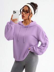Gameset SHEIN Sport 女士休闲纯色抽绳连帽卫衣 - 紫色 - 查看 1
