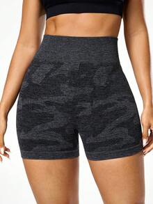 Seamluxe SHEIN Sport 女士黑色无缝紧身运动短裤，高腰提臀瑜伽短裤，四向弹力，适合工作、日常健身、跑步、健身房等场合。