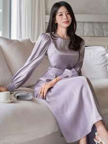 DAZY Women's Elegant Solid Color Lantern Sleeve Mid-Length Dress Maxi Dress Sundress - Purple - View 1