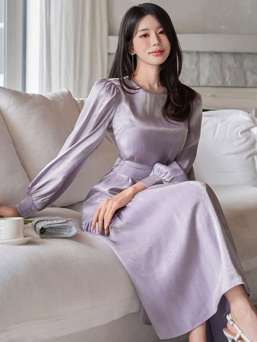 DAZY Women's Elegant Solid Color Lantern Sleeve Mid-Length Dress Maxi Dress Sundress - Purple - View 1