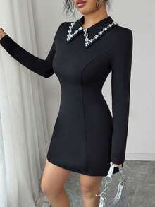 Selianne Elegant Black And White Plus Size Business Dress,Autumn A-Line French Style Pearl Decor Collared Long Sleeve Waist Cinched Dress For Dinner,Holidays - Black - View 6