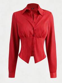 Sunspun Áo sơ mi nữ tay dài cổ bẻ phối nút họa tiết màu sắc thời trang cỡ lớn, ôm eo, cổ bẻ, kẻ sọc, mùa thu - Đỏ - Xem 1