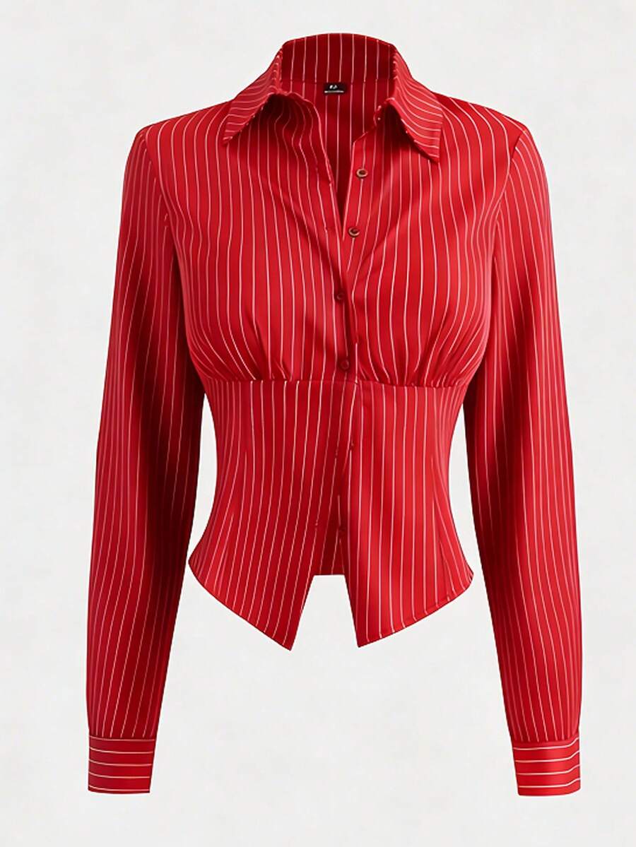 Sunspun Áo sơ mi nữ tay dài cổ bẻ phối nút họa tiết màu sắc thời trang cỡ lớn, ôm eo, cổ bẻ, kẻ sọc, mùa thu - Đỏ - Xem 1