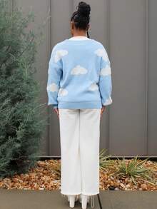 Steph T Drop Shoulder Cloud Pattern Cardigan,Long Sleeve Tops Fall Winter Cloth For Women - Baby Blue - View 2