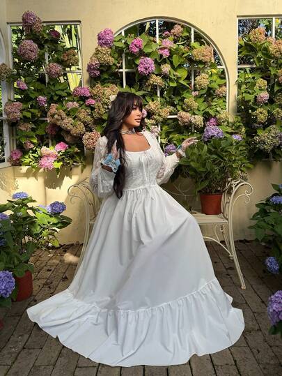 Flirla Spring, Summer, Fall, Bow New Sweet Elegant Solid Color & Contrast Lace Lantern Sleeve U-Neck A-Line Dress, Waist Cinched Slimming Long Flowy Skirt Boho Princess Sundress