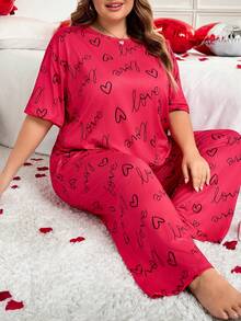 SHEIN CURVE+ Conjunto de pijama de talla grande con estampado de fresa y corazón, ropa de estar en casa casual para el Día de San Valentín - Rosa Fucsia - Ver 3