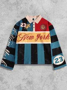 GALLERY FADE Men's Letter Striped Long Sleeve Casual Commuter Polo Shirt, Perfect Holiday Gift For Boyfriend & Husband - Red - View 2