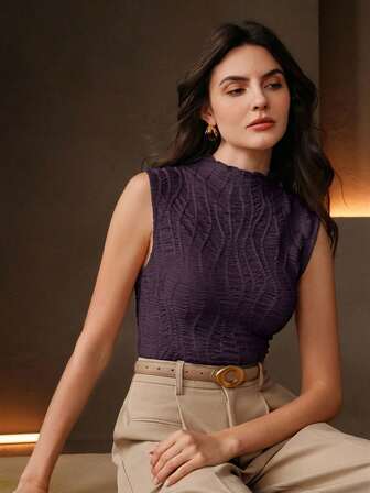 Anewsta Regata Ajustada com Gola Ruffled e Tecido Texturizado de Cor Sólida para Mulheres