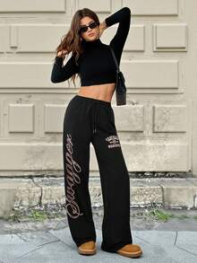 SHEIN Tall 女士秋冬/夏季及夏季街头服饰比赛日返校复古猎豹印花舒适黑色宽松阔腿运动裤 - 黑色 - 查看 5