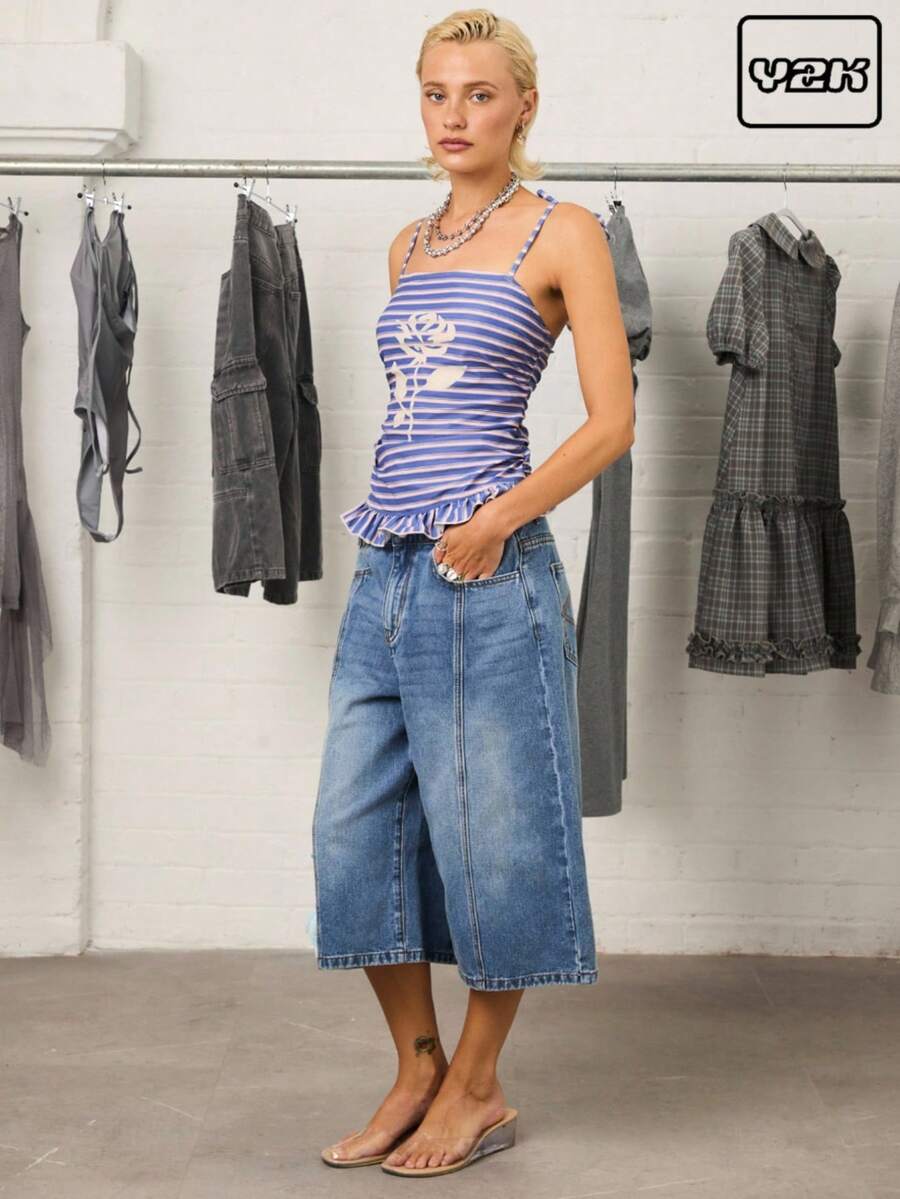 COUREZ 低腰蓝色水洗牛仔短裤/Y2K风格外出穿搭 可爱性感度假装扮 女款 - 中等水洗藍 - 查看 1