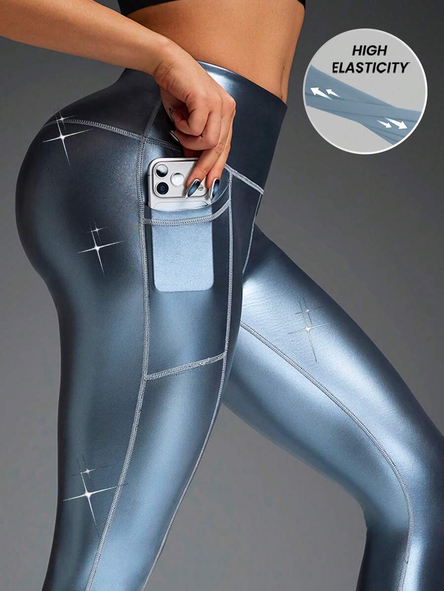 Innovista Women's Fashionable Metallic Outdoor Leggings Women Metallic Blue-Silver High-Waist PU Leather Look Leggings, V-Waist Butt Lifting Shiny Stretch Gym Tights, Squat-Proof Glossy Yoga HIIT Athleisure Pants Workout Leggings With Pocket Sport Yoga Leggings Yoga Pants With Pocket Tights With Pocket - Dark Grey - View 1