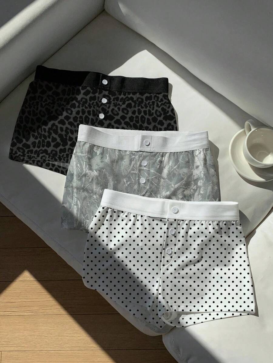 Comfortcana 3 Stücke Damen Leopard/Baum/Punktemuster Kontrast Taille Knopfverschluss Shorts - Verschiedenfarbig - Übersicht 1