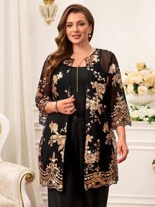 EMERY ROSE 大码女式花卉亮片刺绣七分袖优雅外套 - 黑色 - 查看 3