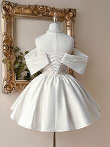 Lovelzi Elegant, Romantic, Fashionable White Lace Fabric Organza Ruffle Hem, 3D Floral Decor, Off-Shoulder, A-Line Silhouette, Elegant Party Dress, Wedding Guest Dress, White Maxi Dress, Bachelorette Party Dress, Prom Dress, Bridal Shower Dress