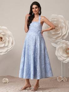 SHEIN Floral Jacquard Elegant Maternity Halter Dress For Party Occasions Blue Baby Shower Dress Maternity Pregnancy Dress For Photoshoot Maternity Two Piece 2 Piece Dress - Blue - View 3