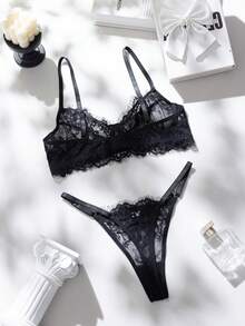 2pcs Set Rose Red Mature Sensual Lace Patchwork Lingerie Set - Black - View 2