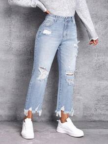 SHEIN Essnce Damen Jeans in Große Größen, lässiger Stil mit Abrieb und roher Kante, Skinny Fit, hellblau - Helle Waschung - Übersicht 6