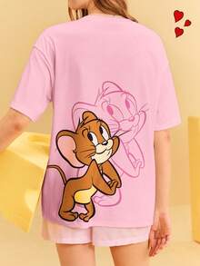 TOM & JERRY X SHEIN Women's Casual Cartoon Pattern Round Neck Short Sleeve T-Shirt, Summer - Pink - View 8