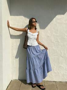 Pariaura 2026 New Arrival Blue White Plaid Maxi Skirt Women's Casual Commute Vacation Style Elastic Smocked High Waist Simple A-Line Long Skirts Blue Gingham Long Summer Skirt Picnic Outfit Women Gingham Skirt Checkered Skirt - Multicolor - View 6