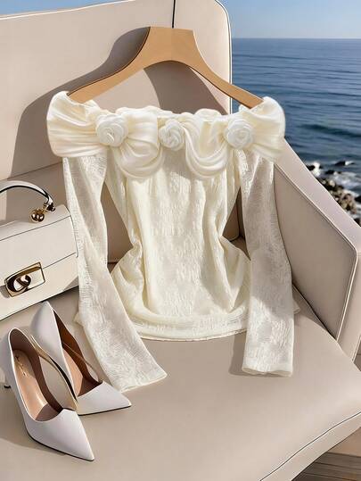 Franclia Chemise T-shirt élégante et romantique à épaules dénudées avec fleurs 3D en dentelle, convient pour les sorties et les rendez-vous, printemps/été