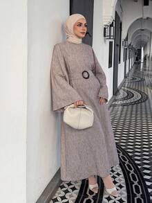 DAZY Women's Round Neck Belted Ruched Casual Party Dress - Khaki - View 1