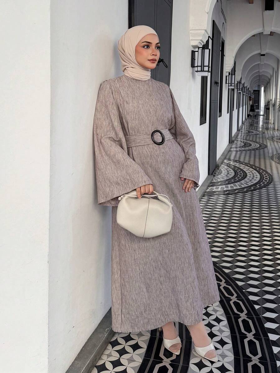 DAZY Women's Round Neck Belted Ruched Casual Party Dress - Khaki - View 1