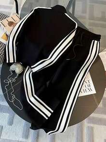 Franclia 2pcs Women Set: Fitted Collar Cardigan Jacket + Casual Slant Pocket Pants - Black - View 2