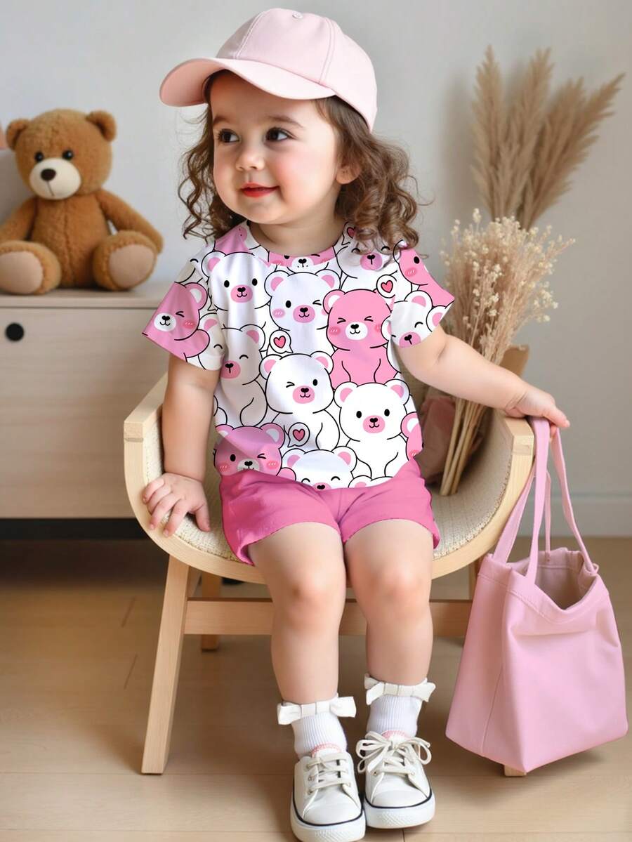 SHEIN Baby Girl Casual Cute Cartoon Bear Print Outfit, Fashionable , Cream Pink, Round Neck Short Sleeve T-Shirt And Leggings Set, Suitable For Spring/Summer, Daily Wear, Matching Sisters, Vacation, Y2K Style Cute Toddler Sets Baby Girl Short Sleeve Two Piece Set For Baby Girls Baby Girl Clothes Summer Sets Bear Girls Clothing - Multicolor - View 1