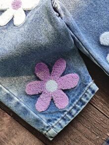 SHEIN Vintaside Kids Bộ quần yếm denim thêu hoa cổ tròn tay dài và quần yếm denim cho bé trai/gái 0-3 tuổi, phù hợp mặc ngoài trời, mua sắm và thường ngày - Màu tím hoa cà - Xem 7