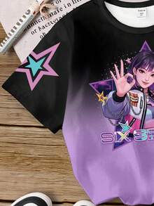 Tween Girl Chic Creative Virtual Girl Group Graphic Tee, Gradient Star Pattern Casual Basic Short Sleeve T-Shirt, Comfortable Cozy Summer & Fall Teen Girls T Shirts Cute Summer T Shirts E Girl Clothes Cropped Graphic Tees